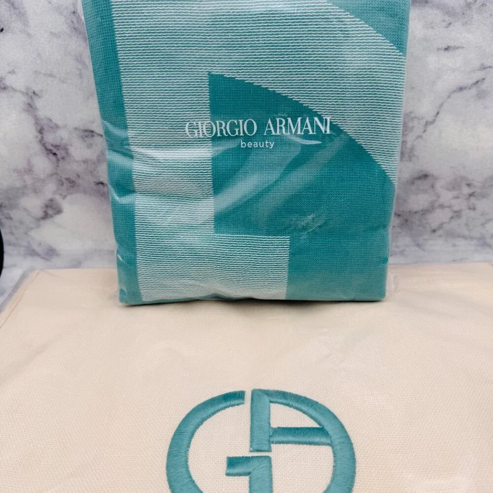 Giorgio Armani Beach Towel &Tote Set,Green Cotton Towel with Cream Bag,Boxed,NEW